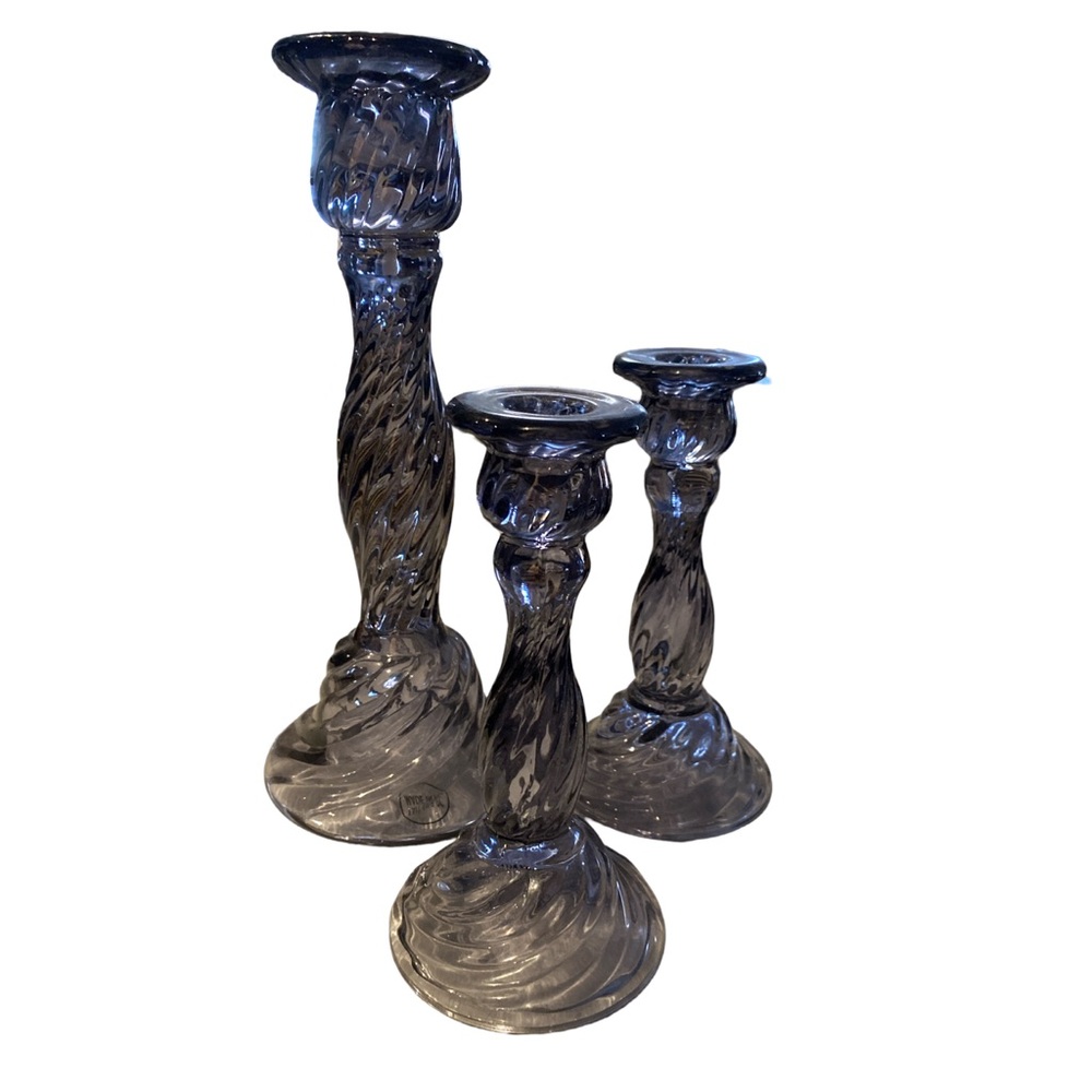 Glass candlesticks set of three clear greyish blue in colour 1x 10” & 2x 6.5”